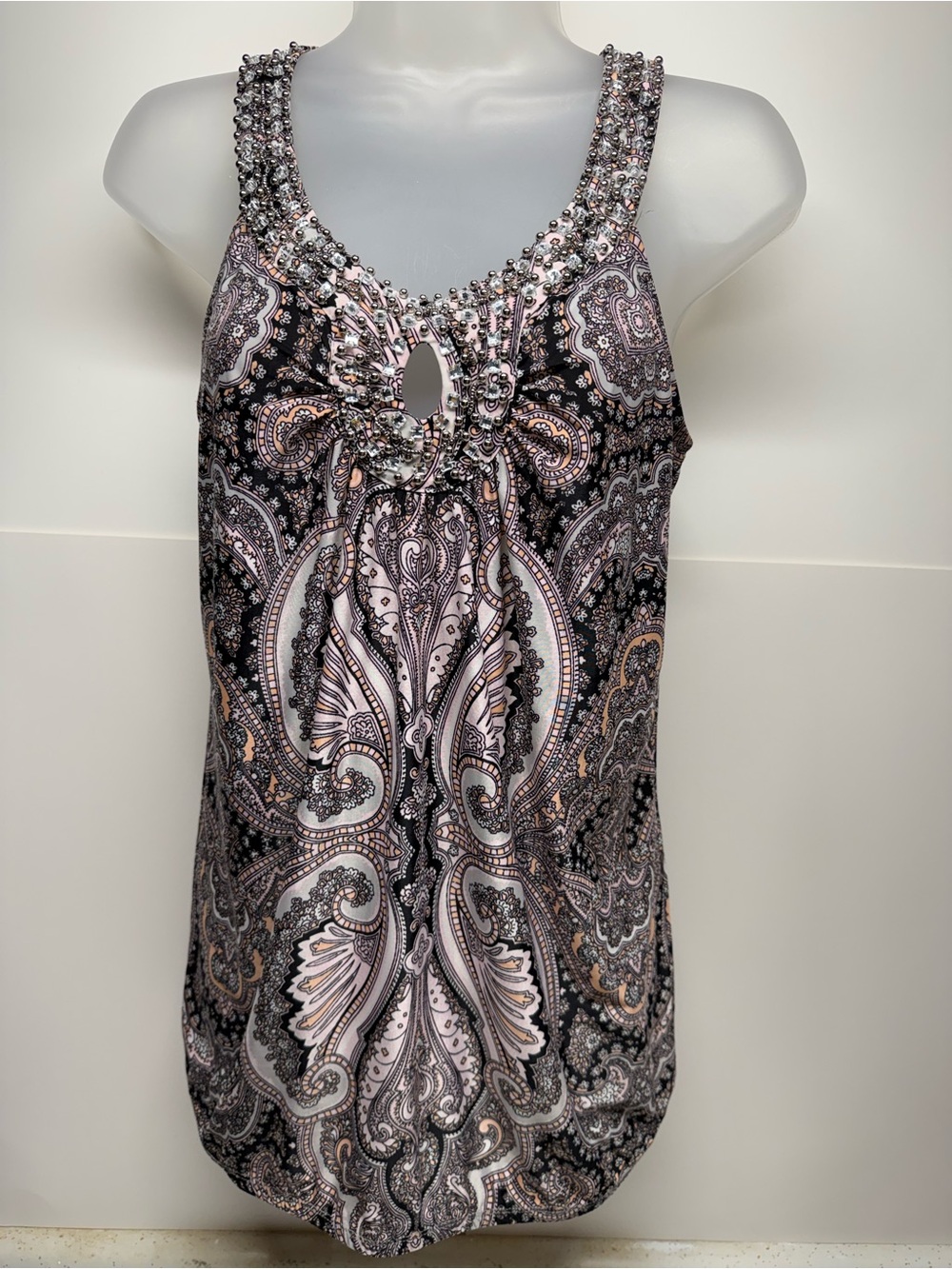 INC International Concepts Sleeveless Beaded Paisley Tank in Black and Pink